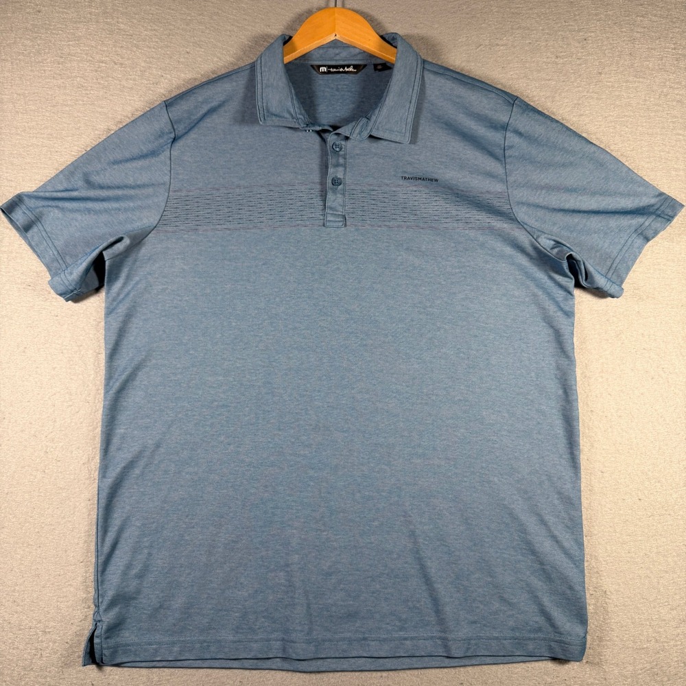 TravisMathew Mens XXL Blue Heathered Pima Cotton Blend Golf Polo Shirt 1MY125